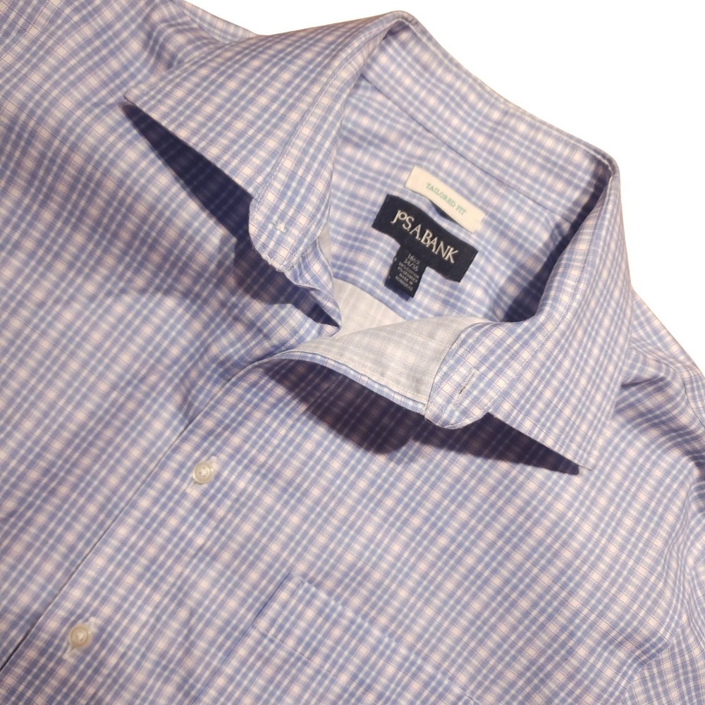 Jos A Bank Mens 16.5 34 35 Blue Plaid Tailored Fit Dress Shirt 100% Cotton